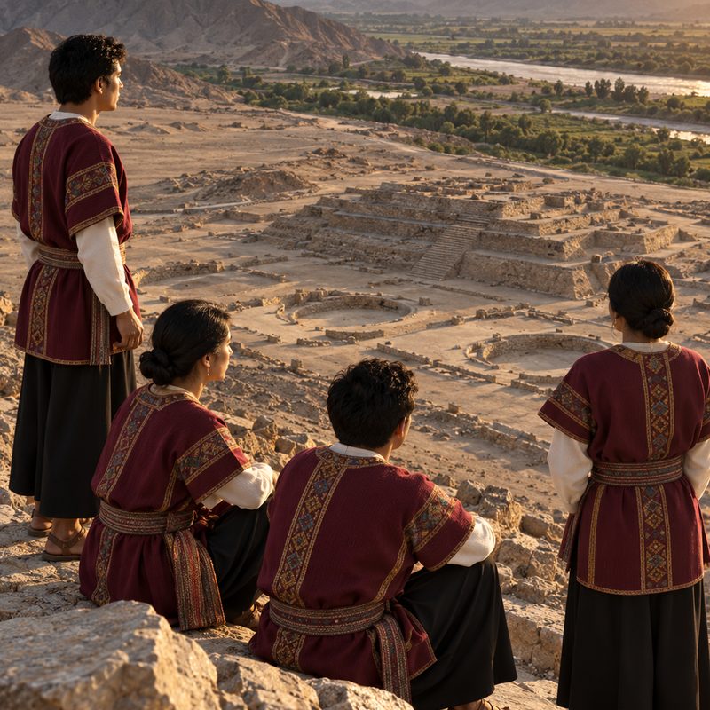 Personas con vestimenta andina contemplando la ciudad de Caral