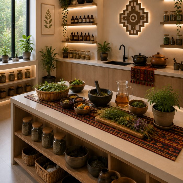 Cocina terapéutica con plantas y recipientes de preparación