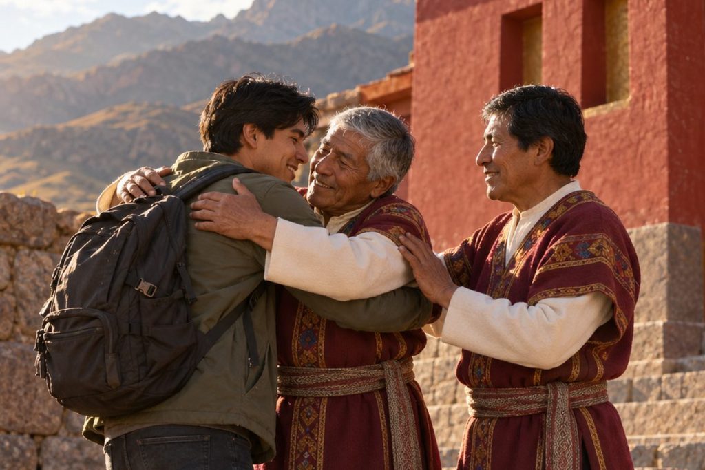 Joven que regresa y abraza a sus mayores en la comunidad