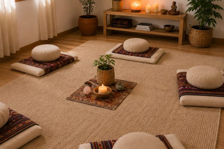 Espacio de meditación con cojines y textiles andinos