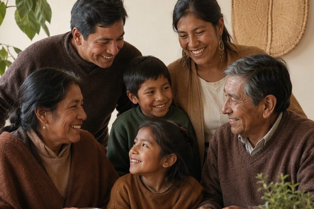 Familia andina de varias generaciones compartiendo la mesa