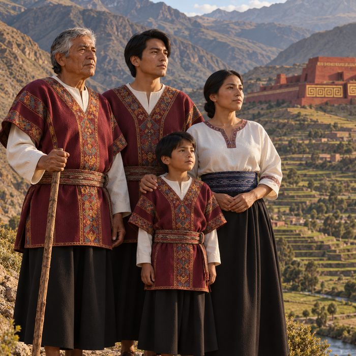 Familia andina de tres generaciones con vestimenta tradicional