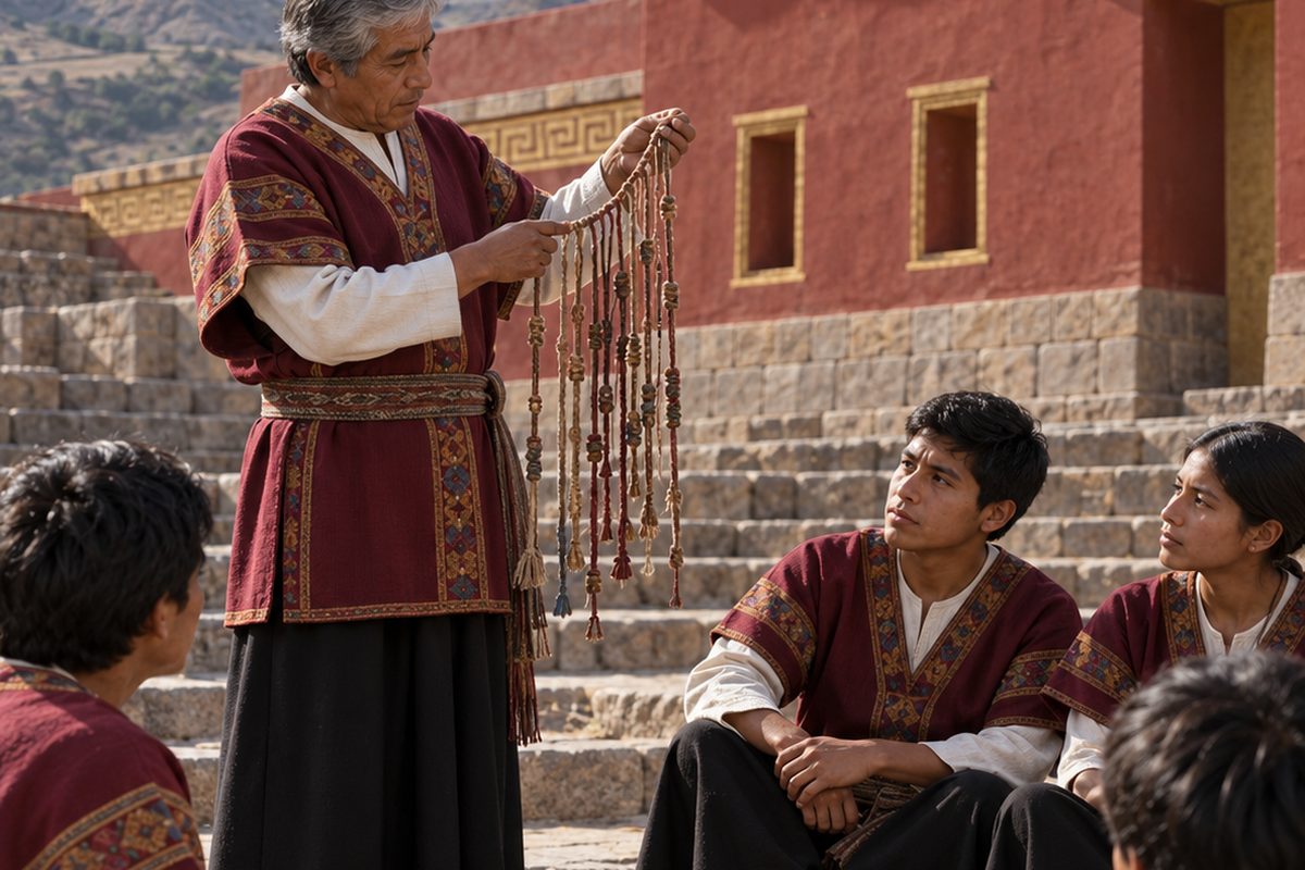 Hamawt'a enseñando el khipu a jóvenes frente al templo