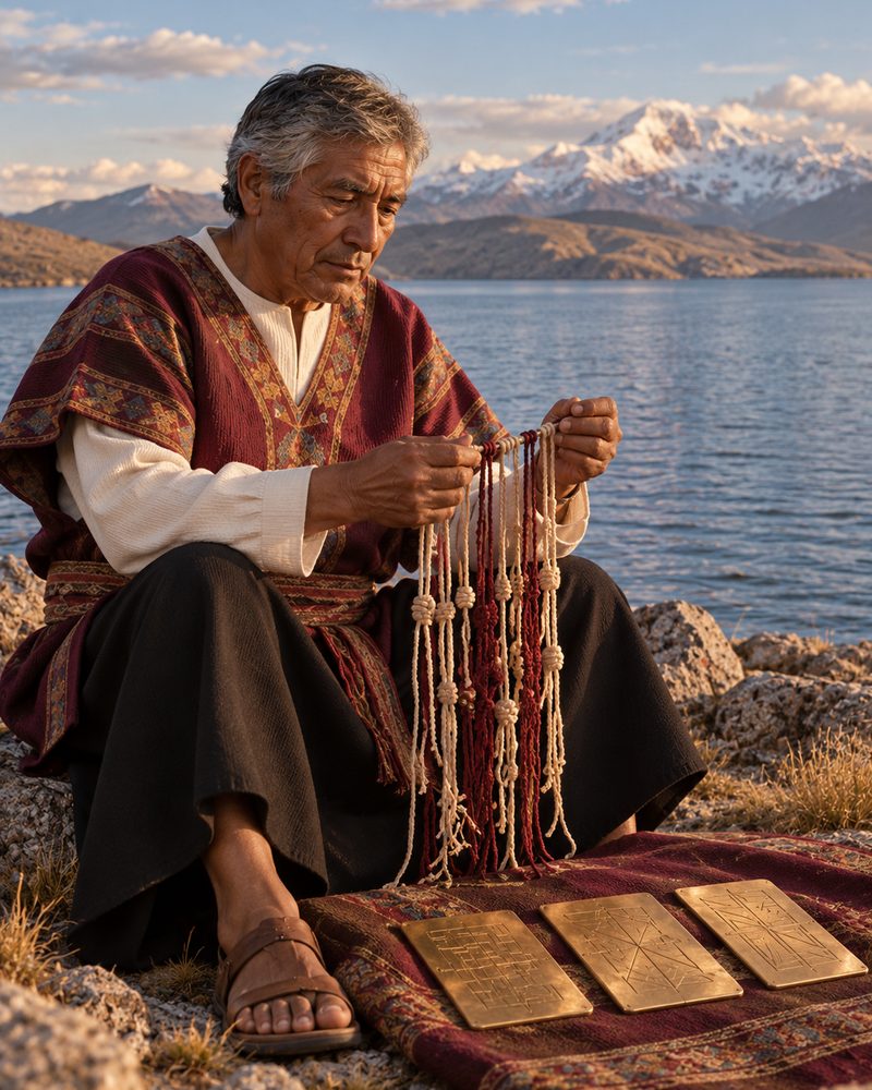 Hamawt'a sentado con un khipu frente al lago y los nevados