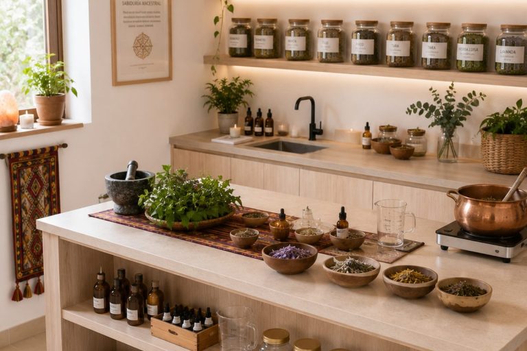 Taller de preparación herbal con frascos y plantas