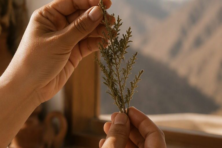 Manos sosteniendo una rama de hierba medicinal a contraluz