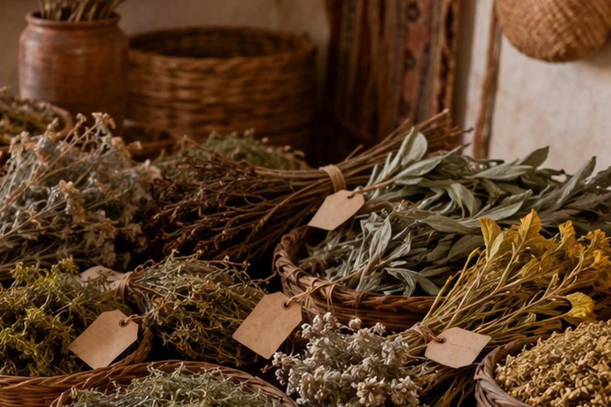 Cestas con hierbas medicinales clasificadas y etiquetadas
