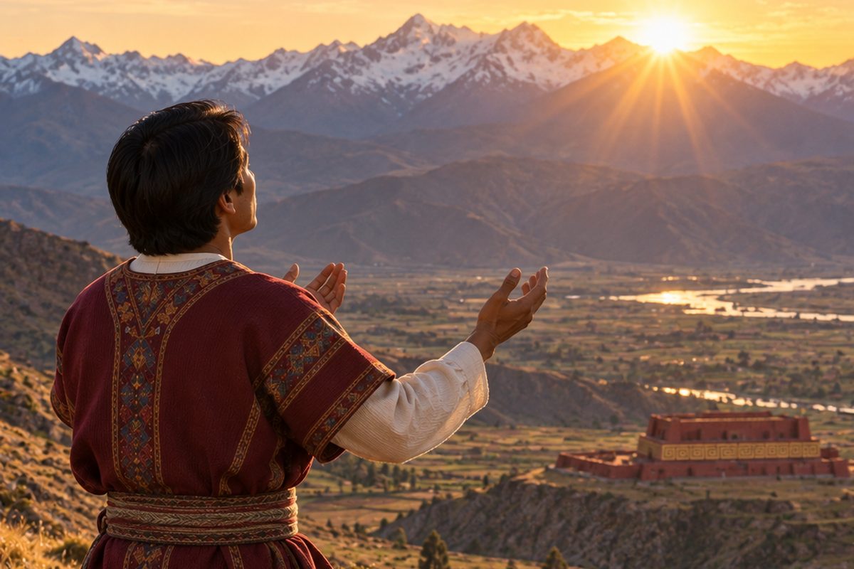 Hombre andino saludando al sol al amanecer frente a los nevados