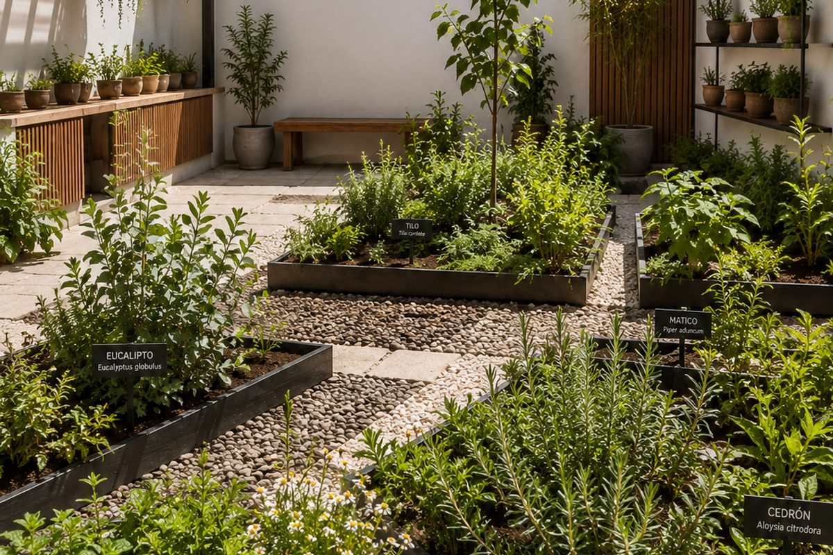 Patio con bancales de plantas medicinales