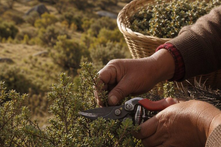 Manos recolectando muña en la ladera