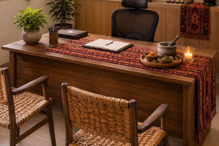 Sala de consulta con escritorio, textil andino y plantas
