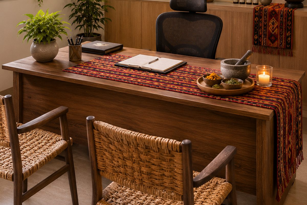 Sala de consulta con escritorio, textil andino y plantas