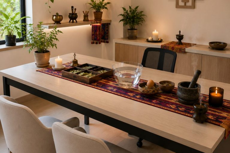 Sala de diagnóstico tradicional con mesa y textil andino
