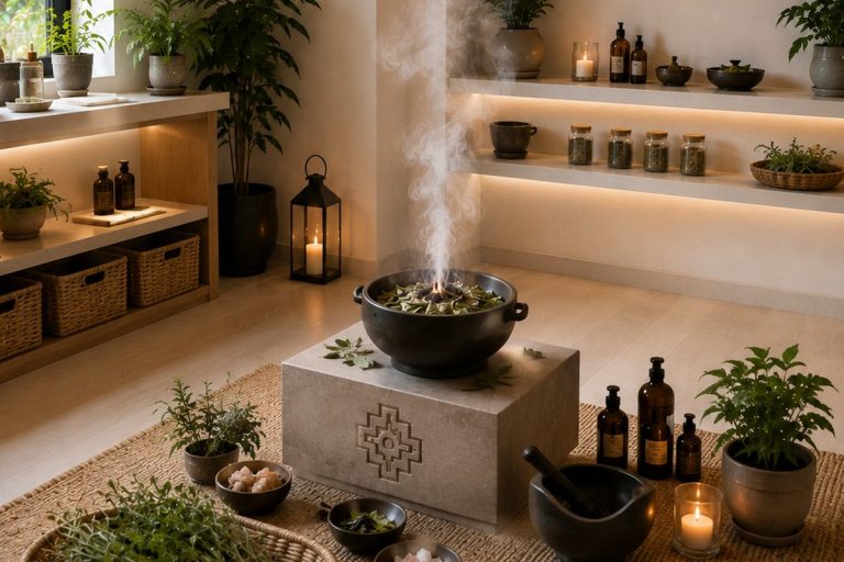 Sala de sahumerios con hierbas y vapor