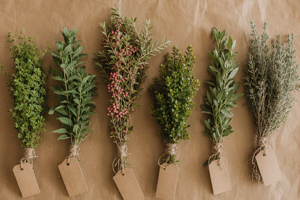 Seis atados de plantas medicinales etiquetados sobre papel