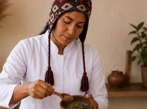 Terapeuta andina con chullo seleccionando hierbas medicinales